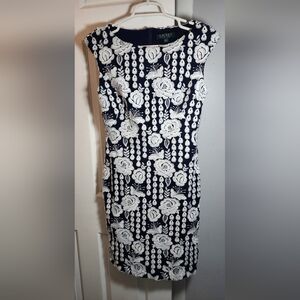 Ralph Lauren Navy/White Applique Floral Sheath Dress SZ 4 Boatneck BEAUTIFUL!